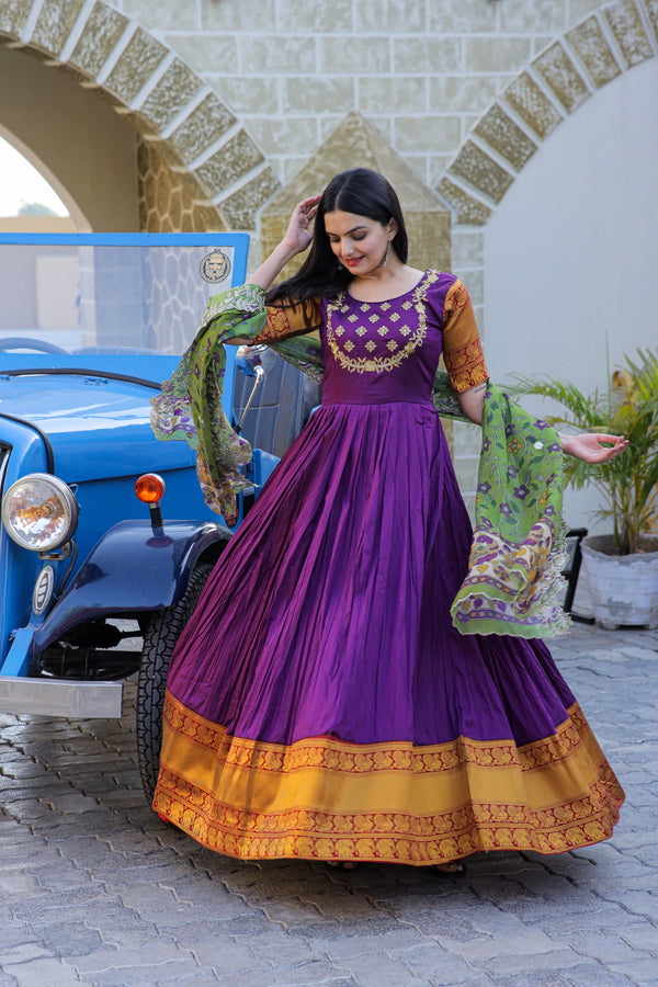 Premium Silk Designer Gown with Dupatta – Jacquard Weaving & Embroidery Work