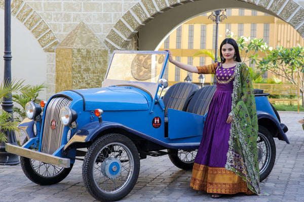 Premium Silk Designer Gown with Dupatta – Jacquard Weaving & Embroidery Work