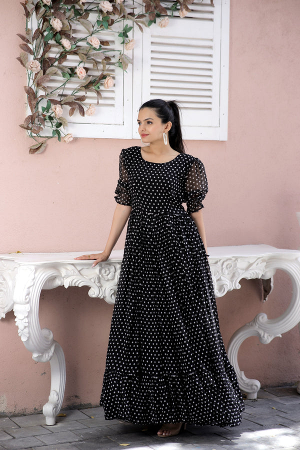 Premium Faux Georgette Dot Print Designer Gown Elegant & Flowy