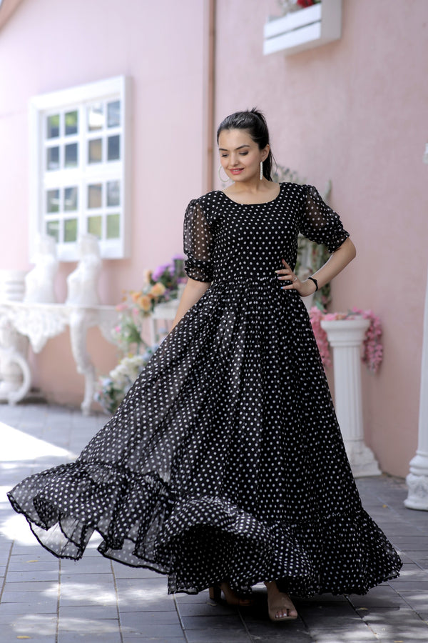 Premium Faux Georgette Dot Print Designer Gown Elegant & Flowy