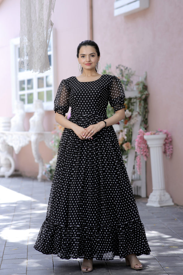Premium Faux Georgette Dot Print Designer Gown Elegant & Flowy