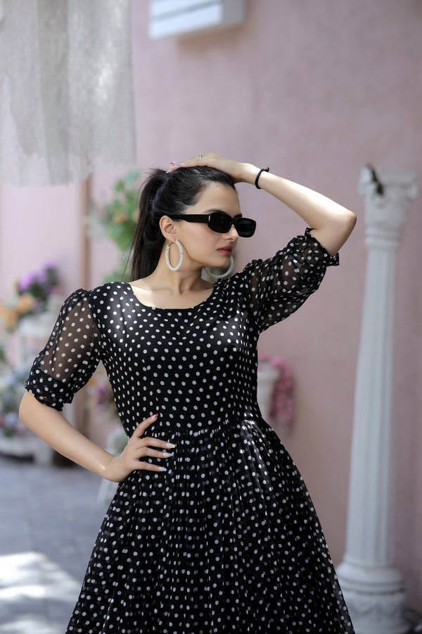 Premium Faux Georgette Dot Print Designer Gown Elegant & Flowy