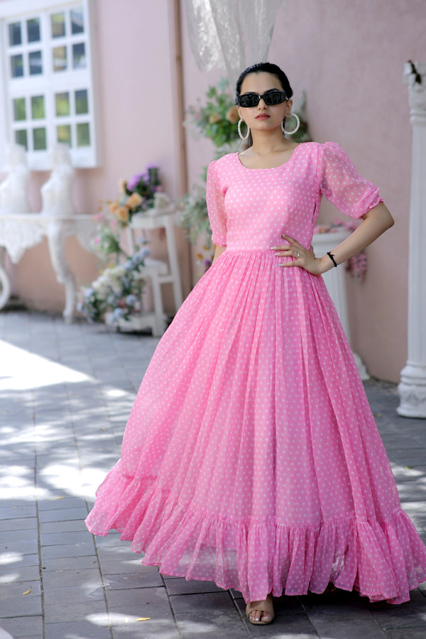 Premium Faux Georgette Dot Print Designer Gown Elegant & Flowy