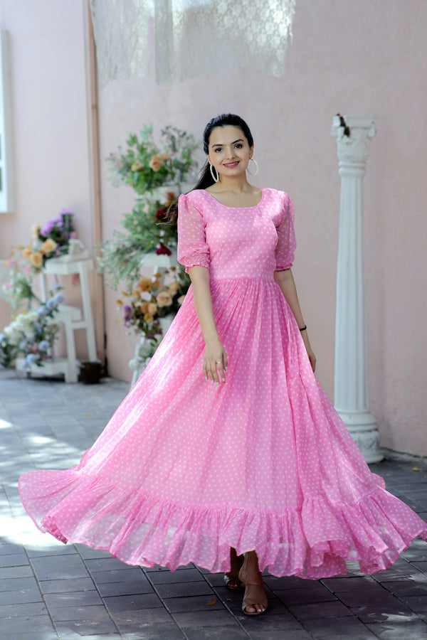 Premium Faux Georgette Dot Print Designer Gown Elegant & Flowy