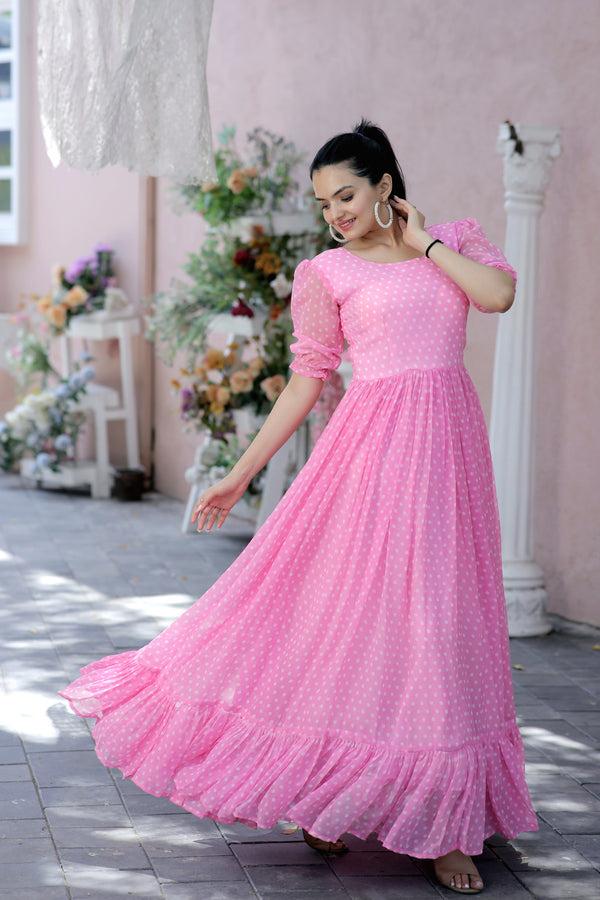 Premium Faux Georgette Dot Print Designer Gown Elegant & Flowy