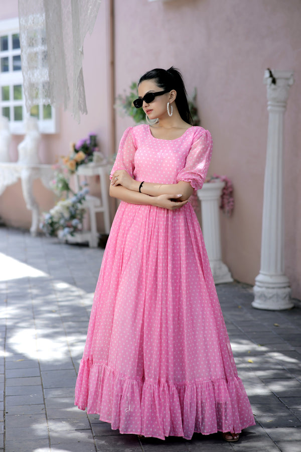 Premium Faux Georgette Dot Print Designer Gown Elegant & Flowy