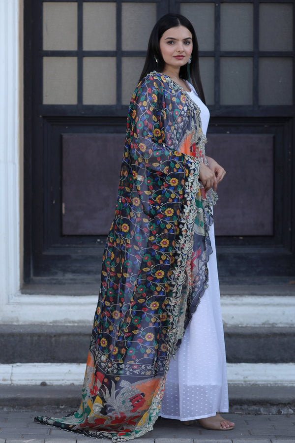 Premium White Georgette Butti Gown with Kalamkari & Leheriya Organza Dupatta