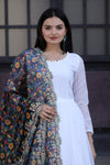 Premium White Georgette Butti Gown with Kalamkari & Leheriya Organza Dupatta