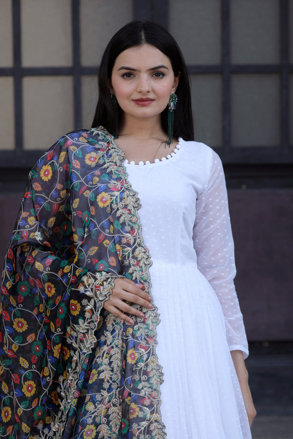 Premium White Georgette Butti Gown with Kalamkari & Leheriya Organza Dupatta