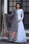 Premium White Georgette Butti Gown with Kalamkari & Leheriya Organza Dupatta
