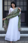 Premium White Georgette Butti Gown with Kalamkari & Leheriya Organza Dupatta