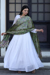 Premium White Georgette Butti Gown with Kalamkari & Leheriya Organza Dupatta