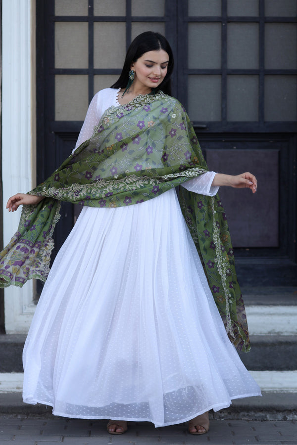 Premium White Georgette Butti Gown with Kalamkari & Leheriya Organza Dupatta