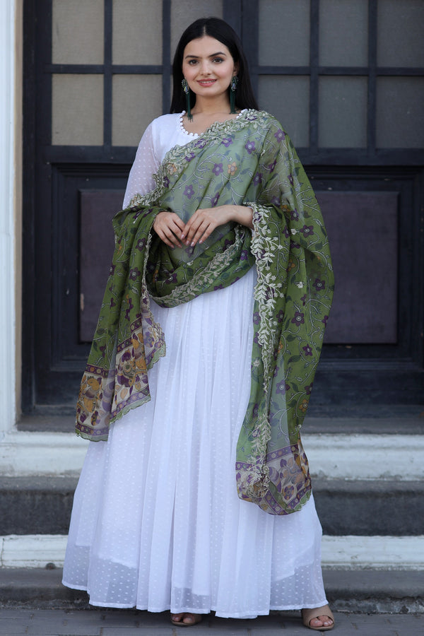 Premium White Georgette Butti Gown with Kalamkari & Leheriya Organza Dupatta