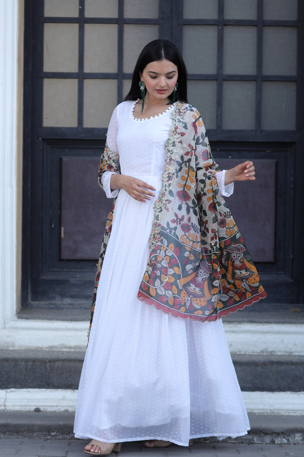Premium White Georgette Butti Gown with Kalamkari & Leheriya Organza Dupatta