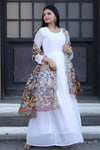 Premium White Georgette Butti Gown with Kalamkari & Leheriya Organza Dupatta