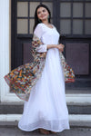 Premium White Georgette Butti Gown with Kalamkari & Leheriya Organza Dupatta