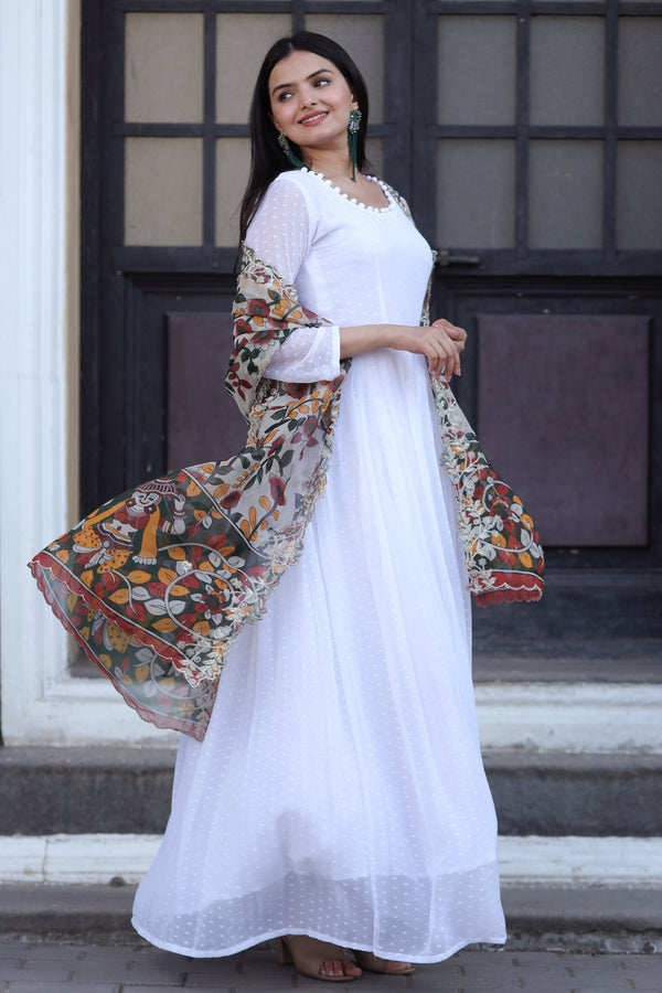 Premium White Georgette Butti Gown with Kalamkari & Leheriya Organza Dupatta