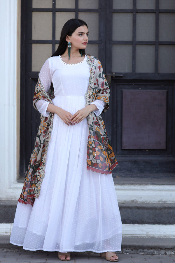 Premium White Georgette Butti Gown with Kalamkari & Leheriya Organza Dupatta