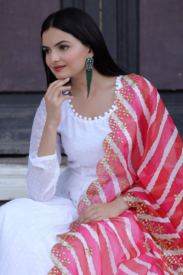 Premium White Georgette Butti Gown with Kalamkari & Leheriya Organza Dupatta