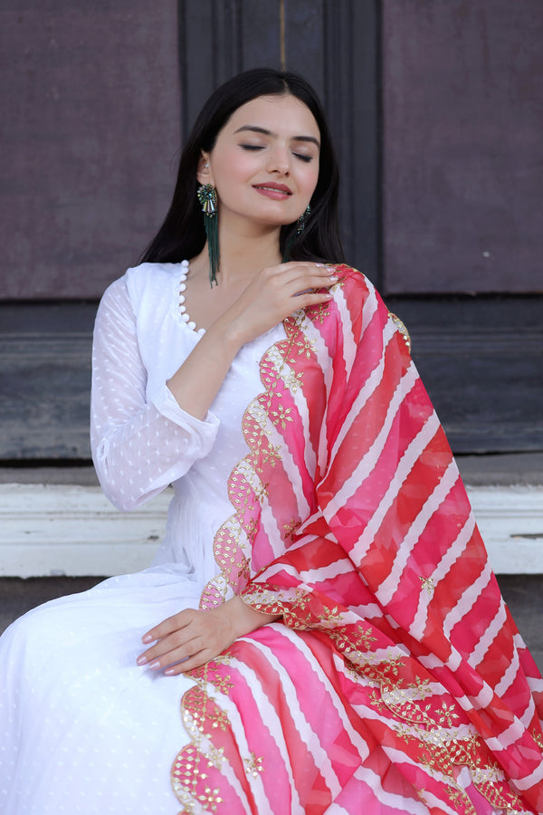 Premium White Georgette Butti Gown with Kalamkari & Leheriya Organza Dupatta