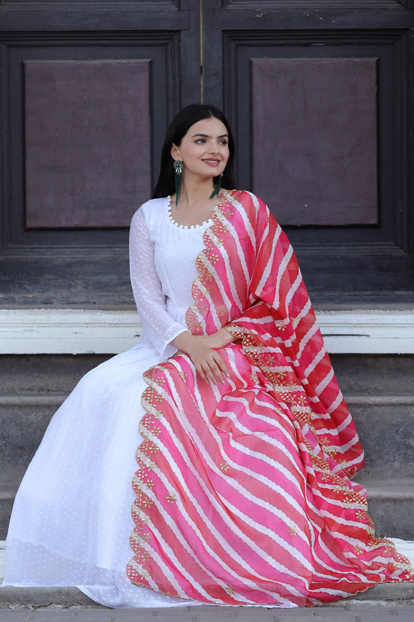 Premium White Georgette Butti Gown with Kalamkari & Leheriya Organza Dupatta