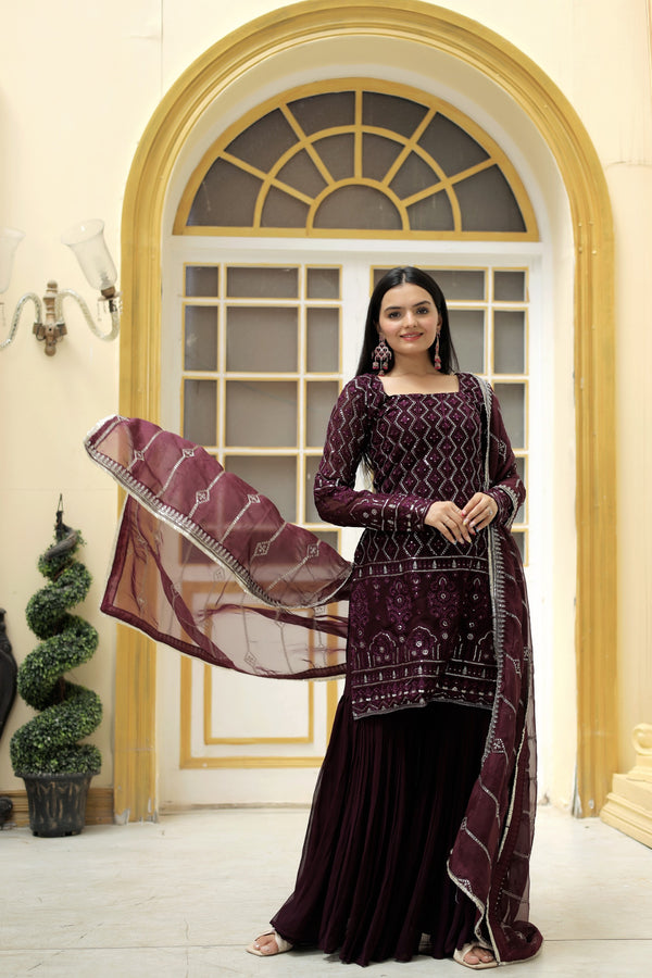 Premium Faux Georgette Sequined Sharara Suit with Embroidered Dupatta