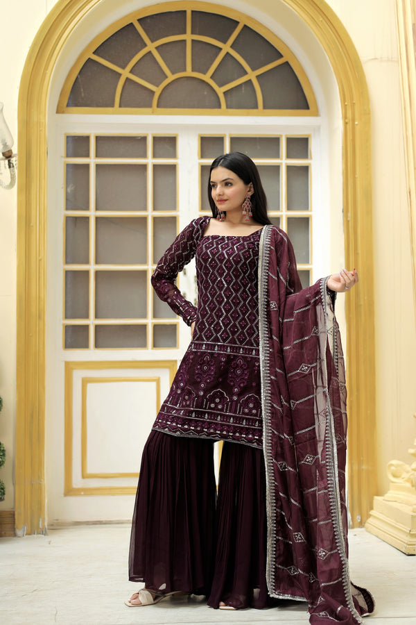 Premium Faux Georgette Sequined Sharara Suit with Embroidered Dupatta