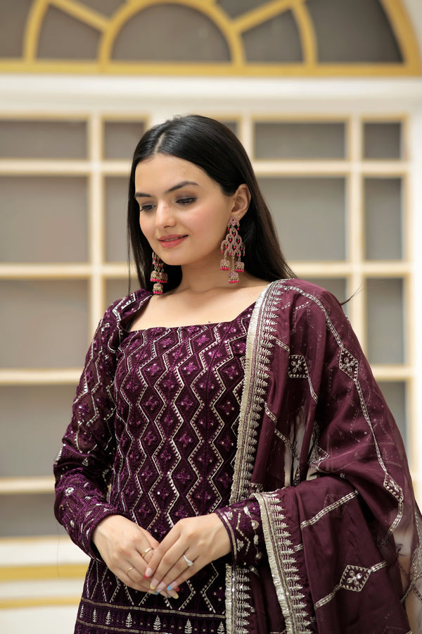 Premium Faux Georgette Sequined Sharara Suit with Embroidered Dupatta