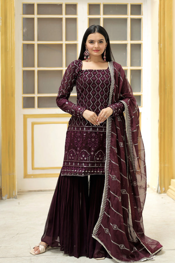 Premium Faux Georgette Sequined Sharara Suit with Embroidered Dupatta
