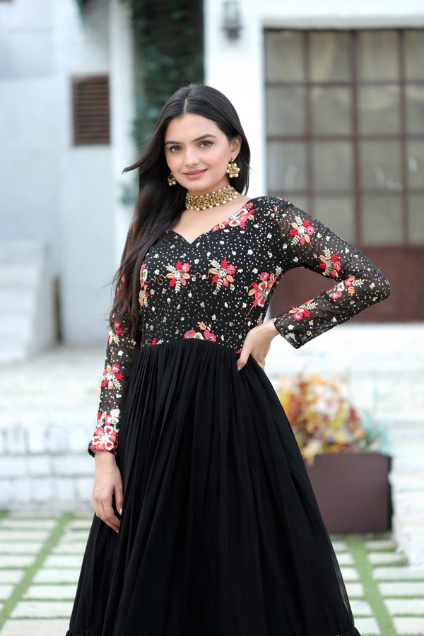 Premium Faux Blooming Designer Gown with Sequins & Multi-Thread Embroidery Work