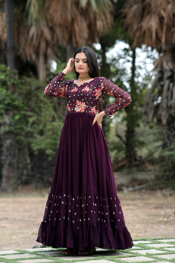 Premium Faux Blooming Designer Gown with Sequins & Multi-Thread Embroidery Work