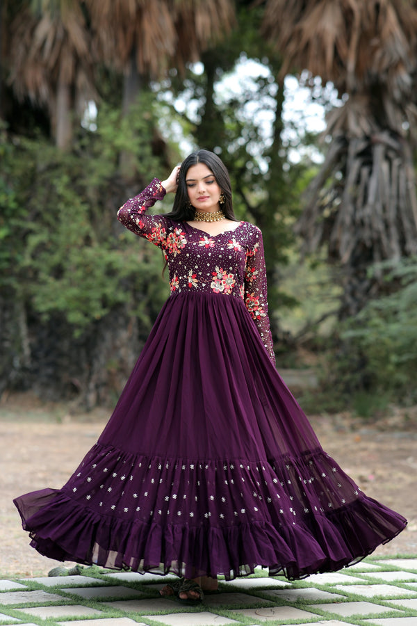 Premium Faux Blooming Designer Gown with Sequins & Multi-Thread Embroidery Work