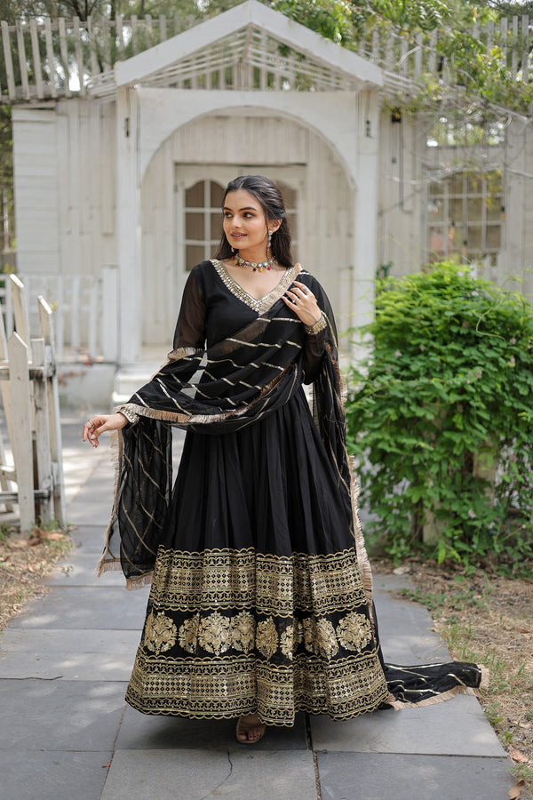 Faux Blooming Gown with Embroidered Dupatta Elegant Sequins Work & Lace Border