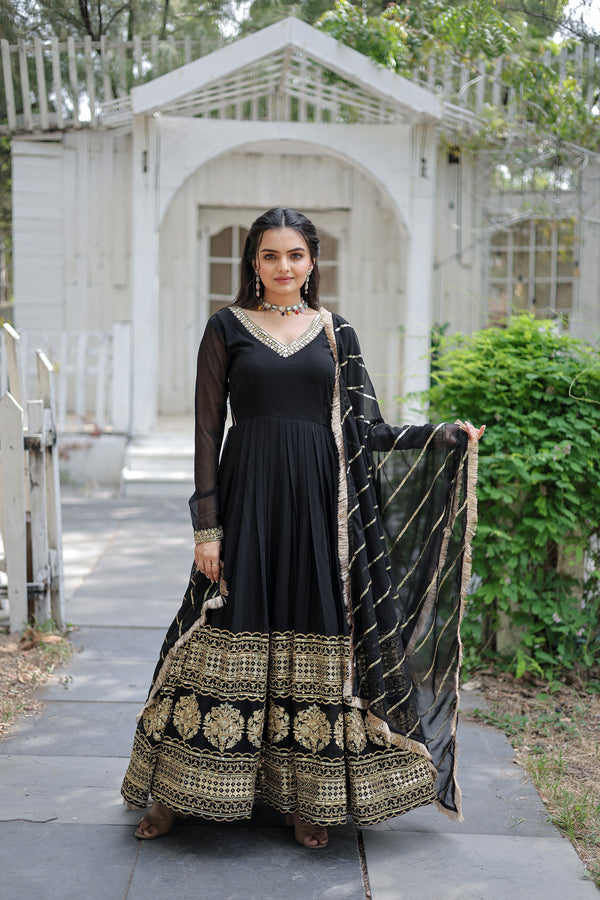 Faux Blooming Gown with Embroidered Dupatta Elegant Sequins Work & Lace Border