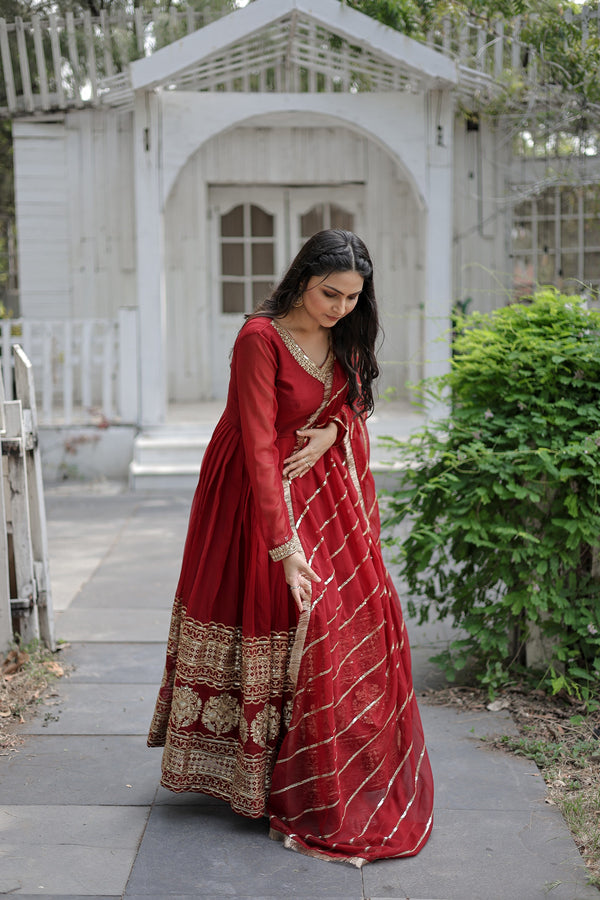 Faux Blooming Gown with Embroidered Dupatta Elegant Sequins Work & Lace Border