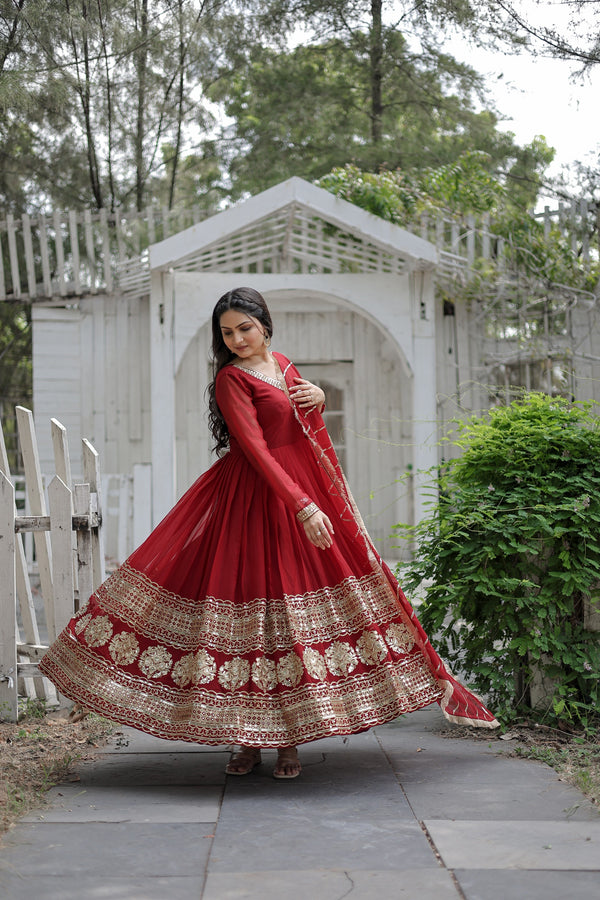 Faux Blooming Gown with Embroidered Dupatta Elegant Sequins Work & Lace Border