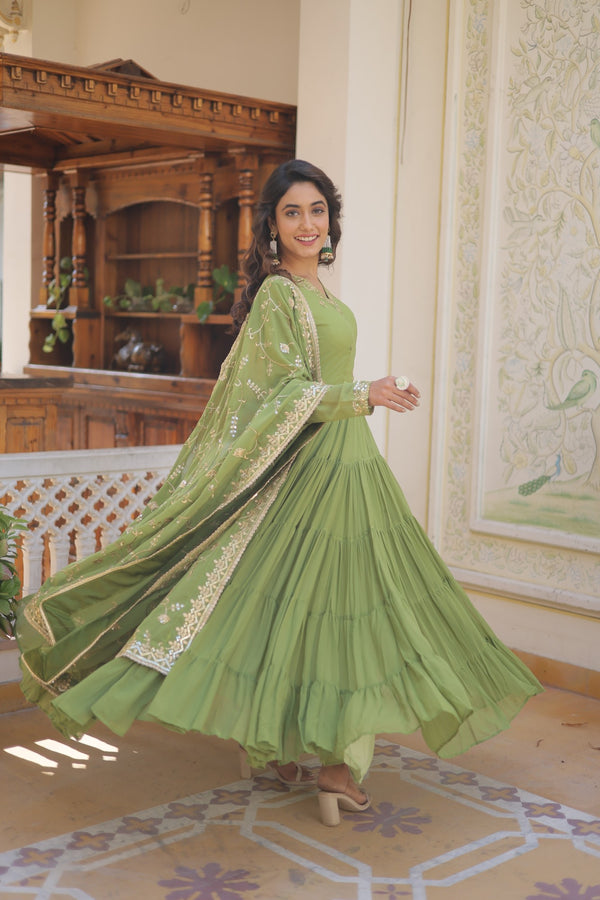 Elegant Faux Georgette Gown with Embroidered Dupatta – A Statement of Grace & Style