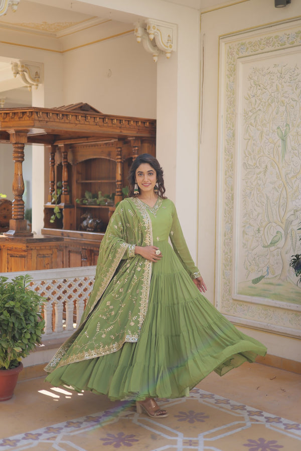Elegant Faux Georgette Gown with Embroidered Dupatta – A Statement of Grace & Style