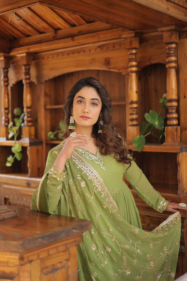 Elegant Faux Georgette Gown with Embroidered Dupatta – A Statement of Grace & Style