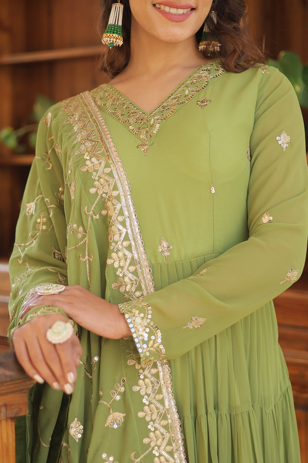 Elegant Faux Georgette Gown with Embroidered Dupatta – A Statement of Grace & Style