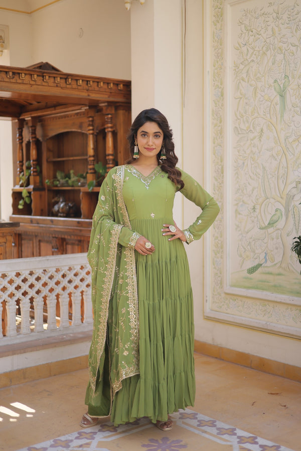 Elegant Faux Georgette Gown with Embroidered Dupatta – A Statement of Grace & Style