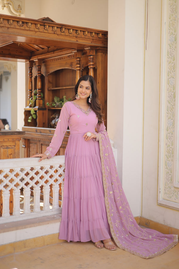 Elegant Faux Georgette Gown with Embroidered Dupatta – A Statement of Grace & Style