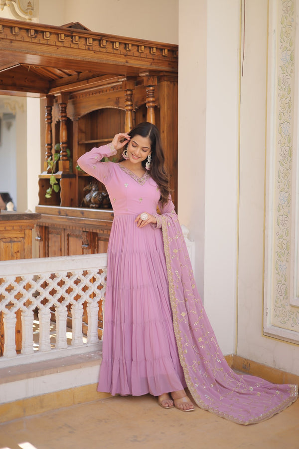 Elegant Faux Georgette Gown with Embroidered Dupatta – A Statement of Grace & Style