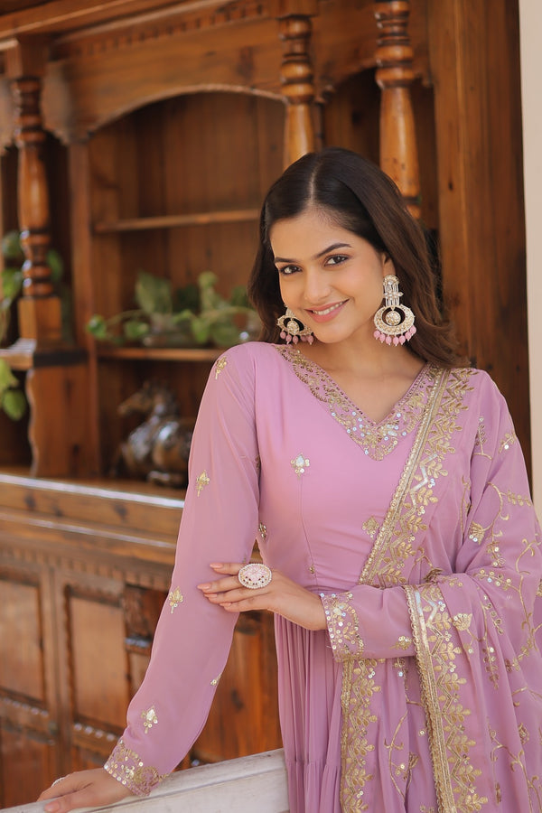Elegant Faux Georgette Gown with Embroidered Dupatta – A Statement of Grace & Style