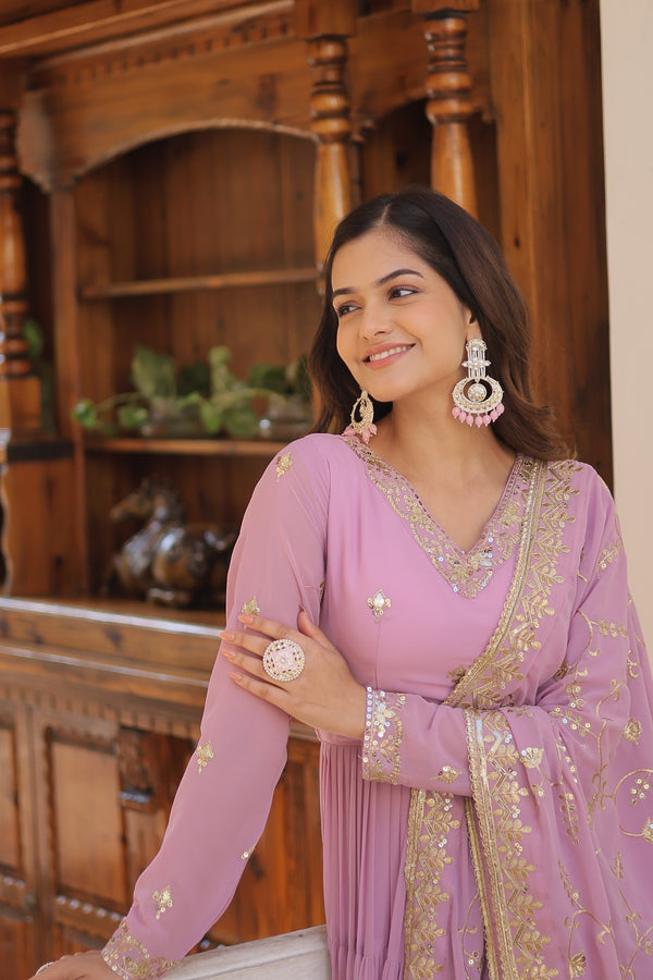 Elegant Faux Georgette Gown with Embroidered Dupatta – A Statement of Grace & Style