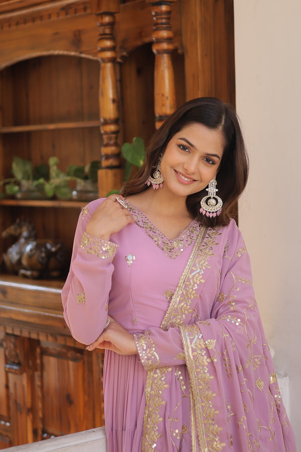 Elegant Faux Georgette Gown with Embroidered Dupatta – A Statement of Grace & Style