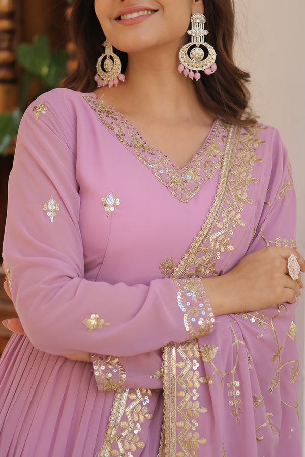 Elegant Faux Georgette Gown with Embroidered Dupatta – A Statement of Grace & Style