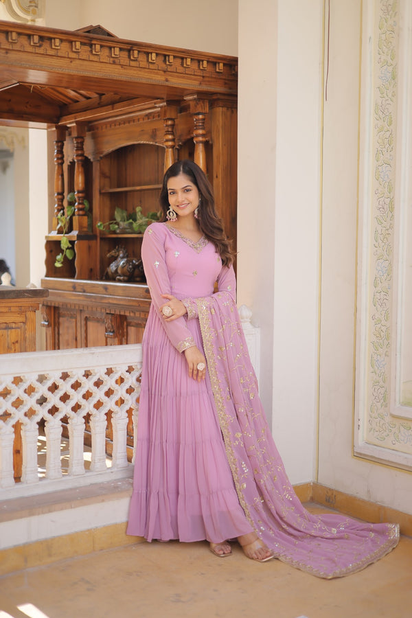 Elegant Faux Georgette Gown with Embroidered Dupatta – A Statement of Grace & Style