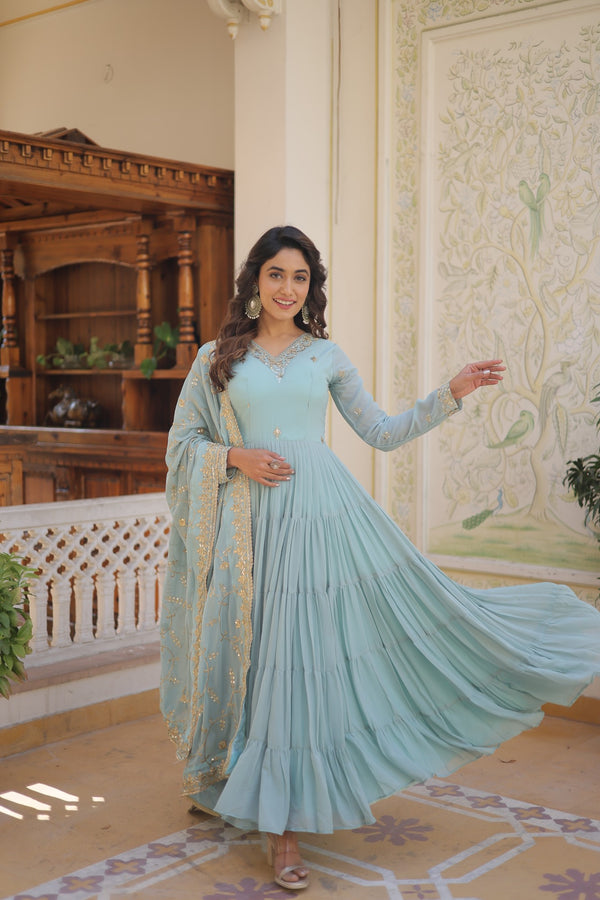 Elegant Faux Georgette Gown with Embroidered Dupatta – A Statement of Grace & Style